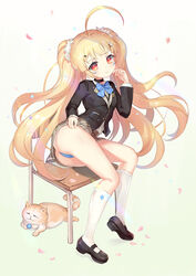  ahoge animal asanogawa_(tutufcc) ass azur_lane bell black_choker black_footwear black_jacket blazer blonde_hair blue_bow blue_bowtie blue_panties blush bow bowtie brown_skirt chair choker closed_mouth commentary_request diagonal_stripes eldridge_(azur_lane) eldridge_(the_inquisitive_recluse)_(azur_lane) facial_mark feline female hair_ornament highres jacket jingle_bell kneehighs long_hair long_sleeves mary_janes official_alternate_costume on_chair panties petals photoshop_(medium) red_eyes school_chair shoes skirt smile socks solo striped_bow striped_bowtie striped_clothes twintails underwear very_long_hair white_socks 