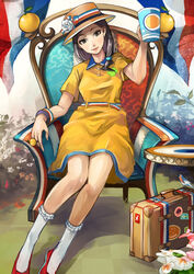  belt bird brown_eyes brown_hair chair commentary_request female flag_print french_flag hat hat_ribbon long_hair orangina personification photoshop_(medium) print_ornament print_ribbon red_footwear ribbon shigureteki shoes sitting socks solo striped striped_ribbon suitcase white_socks 