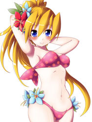  arm_behind_head armpits arms_behind_head bad_id bad_pixiv_id bikini blonde_hair blue_eyes blue_flower blush breasts ciel_(mega_man) commentary_request cowboy_shot female flower hair_between_eyes hair_flower hair_ornament high_ponytail long_hair looking_at_viewer medium_breasts mega_man_(series) mega_man_zero_(series) midriff navel ponytail red_bikini red_flower rockman_xover semikichi sideboob simple_background smile solo swimsuit very_long_hair white_background 