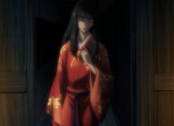  black_hair grey_eyes highres japanese_clothes kimono kuromitsu kurozuka long_hair red_lipstick screencap solo stitched vampire 