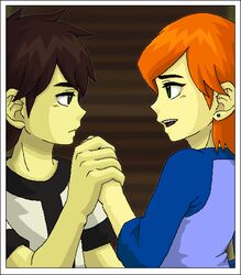  1boy ben_10 ben_tennyson brown_hair commentary_request earrings female green_eyes gwen_tennyson hair_ornament hairclip holding_hands jewelry kou_(kian) open_mouth orange_hair short_hair smile 