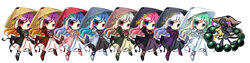  ajirogasa alternate_color animalization beads blonde_hair blue_eyes blue_hair broom brown_eyes brown_hair chibi closed_mouth commentary_request dress female gradient_hair grey_hair hand_up hat hat_ribbon highres hijiri_byakuren hijiri_byakuren_(mouse) hopeless_masquerade light_purple_hair long_hair long_skirt mouse_(animal) multicolored_hair pink_hair prayer_beads puffy_short_sleeves puffy_sleeves purple_eyes purple_hair red_eyes ribbon short_sleeves simple_background skirt smile touhou vajra_(object) white_background wide_image yellow_eyes ys_(fall) 