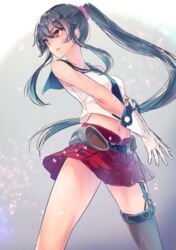  bad_id bad_twitter_id banned_artist belt black_hair gloves kantai_collection kyara36 long_hair midriff navel pleated_skirt ponytail scrunchie sidelocks single_thighhigh skirt solo thighhighs white_gloves yahagi_(kantai_collection) yellow_eyes 