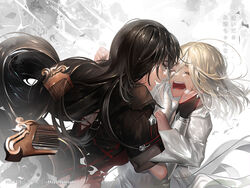  1boy artist_name bandages bishounen black_hair blonde_hair closed_eyes comb commentary_request crying female hands_on_another&#039;s_face innominat_(tales) laphicet_crowe long_hair official_alternate_costume open_mouth photoshop_(medium) robe spoilers tales_of_(series) tales_of_berseria velvet_crowe velvet_crowe_(villager_clothes) yukisaki_mayui 