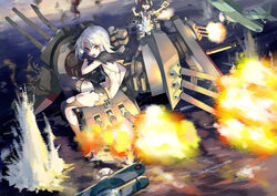  2girls absurdres aircraft airplane anchor antonio_da_noli_(warship_girls_r) battle biplane black_gloves black_legwear bow buttons cannon capelet commentary_request cup damaged double-breasted explosion garter_straps gloves gun hat headgear highres holding holding_cup holding_gun holding_weapon long_hair low_twintails machinery multiple_girls photoshop_(medium) purple_eyes purple_hair red_bow red_eyes red_footwear redauto shirt shoes sitting skirt thighhighs torn_clothes torn_shirt torn_skirt torn_thighhighs torpedo turret twintails very_long_hair vittorio_veneto_(warship_girls_r) warship_girls_r weapon white_hair 