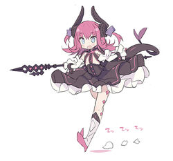  :d armored_boots black_dress blade_(galaxist) blue_eyes blush boots commentary_request curled_horns detached_sleeves dragon_girl dragon_horns dragon_tail dress elizabeth_bathory_(fate) elizabeth_bathory_(fate/extra_ccc) elizabeth_bathory_(first_ascension)_(fate) fate/extra fate/extra_ccc fate_(series) female full_body grey_footwear hair_between_eyes hair_ribbon holding horns knee_boots long_hair long_sleeves oerba_yun_fang open_mouth photoshop_(medium) pink_hair purple_ribbon ribbon sarkany_csont_landzsa skin_fang smile solo standing standing_on_one_leg tail two_side_up 