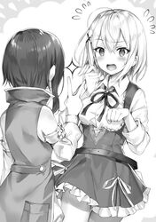  1other arm_at_side bare_shoulders belt blush breasts clenched_hands female flying_sweatdrops frilled_skirt frills greyscale hair_between_eyes hair_ornament hand_up highres kudou_ayato last_embryo looking_at_another loose_belt momoko_(momopoco) mondaiji-tachi_ga_isekai_kara_kuru_sou_desu_yo? monochrome neck_ribbon novel_illustration official_art open_mouth paw_pose raised_eyebrows ribbon short_hair simple_background skirt solo_focus sparkle standing surprised sweat sweatdrop thigh_gap v wing_collar x_hair_ornament 