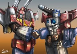  1980s_(style) 2boys armor autobot bad_id bad_pixiv_id blue_eyes cannon commentary_request ginrai_(transformers) glowing headgear insignia looking_at_viewer mechanical_wings multiple_boys no_humans retro_artstyle seto_(atsushi533822) standing star_saber_(transformers) transformers transformers_super-god_masterforce transformers_victory weapon wings yellow_eyes 