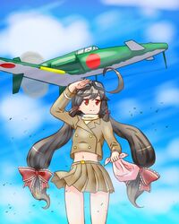  ahoge aircraft airplane brown_hair cloud commentary_request day fairy_(kancolle) female goggles goggles_on_head hair_ribbon highres j7w_shinden kantai_collection long_hair looking_afar low_twintails midriff navel pilot_uniform red_eyes ribbon shan_zhu_feiyue shinden_(kancolle) skirt sky solo twintails vehicle_focus 