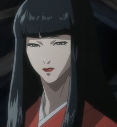  black_hair grey_eyes highres japanese_clothes kimono kuromitsu kurozuka long_hair red_lipstick screencap solo vampire 