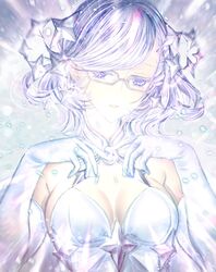  bad_id bad_pixiv_id breasts cleavage commentary_request elbow_gloves female fes_(sennen_sensou_aigis) glasses gloves hair_ornament hiyuki_(ikuyih) looking_at_viewer medium_breasts pale_skin sennen_sensou_aigis short_hair solo upper_body white_gloves 