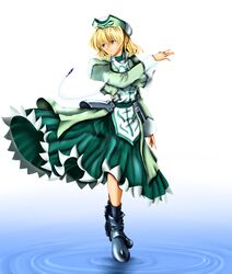  aimo_(fujiikau) bad_id bad_pixiv_id blonde_hair boots crystal dress earrings female hat highres hoop_earrings jewelry klarwind lyrical_nanoha mahou_shoujo_lyrical_nanoha mahou_shoujo_lyrical_nanoha_a&#039;s pleated_dress purple_eyes ring shamal short_hair smile solo standing standing_on_liquid vest water 