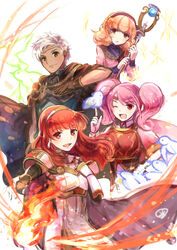  1boy 3girls arm_guards armor bird boey_(fire_emblem) breastplate brown_eyes cape celica_(fire_emblem) circlet commentary_request curly_hair dark-skinned_male dark_skin detached_collar earrings fingerless_gloves fire fire_emblem fire_emblem_echoes:_shadows_of_valentia fire_emblem_heroes genny_(fire_emblem) gloves hair_ornament hairband highres jewelry long_hair mae_(fire_emblem) multiple_girls one_eye_closed open_mouth pink_hair red_eyes red_hair simple_background sparkle staff tarayuki tiara twintails white_background white_hair 