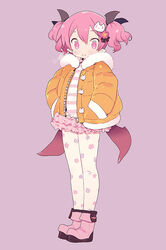  black_wings blade_(galaxist) blush boots breath cat_hair_ornament closed_mouth commentary_request demon_girl emelia_pris female flower full_body fur-trimmed_jacket fur_trim hair_flower hair_ornament hands_in_pockets head_wings jacket looking_at_viewer open_clothes open_jacket orange_jacket photoshop_(medium) pink_eyes pink_flower pink_footwear pink_hair pink_skirt pop-up_story print_thighhighs purple_background shirt short_hair simple_background skirt smile solo standing striped_clothes striped_shirt thighhighs twintails white_thighhighs wings 