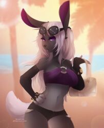  2015 anthro armwear avoid_posting bottomwear clothed clothing eyewear female glasses hi_res lagomorph leporid looking_at_viewer mammal midriff navel purse rabbit rexisminimalis shorts solo 