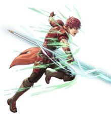  1boy armor boots cuboon fingerless_gloves fire_emblem fire_emblem_echoes:_shadows_of_valentia fire_emblem_heroes full_body gloves highres lukas_(fire_emblem) male_focus official_art open_mouth polearm red_eyes red_hair solo spear teeth transparent_background weapon 