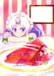  absurdres bad_id bad_pixiv_id blue_eyes blush braid female highres izayoi_sakuya maid_headdress moni_(credo) solo touhou twin_braids white_hair 