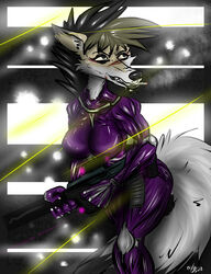  2013 alternative_fashion anthro armor big_breasts breasts canid canine canis cigarette clothed clothing cybernetics cyborg digital_media_(artwork) eyebrow_piercing facial_piercing female futuristic glowing gun hi_res long_tail machine madnessandgiovanni0595 mammal mercenary mohawk muscular muscular_anthro muscular_female piercing punk ranged ranged_weapon rifle science_fiction shooting signature smile smoking solo standing submachine_gun tail tight_clothing unconvincing_armor weapon wolf 