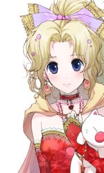  blonde_hair blue_eyes bow cape choker commentary_request detached_sleeves dissidia_final_fantasy earrings elbow_gloves female final_fantasy final_fantasy_vi gloves hair_ribbon jewelry kkokko long_hair moogle ponytail ribbon solo terra_branford 