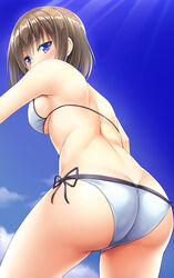  ass back bare_shoulders bikini blue_eyes blue_sky blush breasts brown_hair cloud commentary_request covering_own_mouth cowboy_shot day dutch_angle female from_behind from_below highres looking_at_viewer medium_breasts noshimasa ocean original outdoors photoshop_(medium) short_hair side-tie_bikini_bottom sideboob sky solo swimsuit white_bikini 