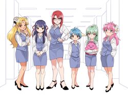  6+girls blonde_hair blue_eyes blue_hair brown_eyes commentary_request everyone forte_stollen full_body galaxy_angel green_hair hakinikui_kutsu_no_mise high_heels karasuma_chitose long_hair milfeulle_sakuraba mint_blancmanche multiple_girls normad office_lady pencil_skirt pink_hair ranpha_franboise red_eyes red_hair shirt shomuni short_hair skirt skirt_set vanilla_h vest 