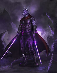  anthro armor clothing dragon dual_wielding hi_res holding_melee_weapon holding_object holding_sword holding_weapon jedi lightsaber loculi male markings melee_weapon mythological_creature mythological_scalie mythology purple_lightsaber raventhan reptile scales scalie sith solo star_wars striped_body striped_scales stripes sword tail weapon white_stripes 