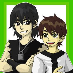  2boys bare_shoulders ben_10 ben_tennyson black_eyes black_hair brown_hair commentary_request crossed_arms green_eyes kevin_levin kou_(kian) lowres male_focus multiple_boys open_mouth shirt short_hair sleeveless sleeveless_shirt smile upper_body 