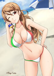  beach beach_umbrella bikini bottle breasts brown_hair cleavage cloud commentary_request day female flag_print fuuma_nagi hand_on_own_hip italian_flag italian_flag_bikini italy kantai_collection large_breasts lens_flare littorio_(kancolle) long_hair looking_at_viewer navel one_eye_closed outdoors ponytail print_bikini red_eyes skindentation sky smile sweat swimsuit umbrella 