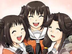  3girls brown_hair closed_eyes commentary_request double_bun gloves hair_bun hands_on_another&#039;s_shoulders jintsuu_(kancolle) kantai_collection machinery multiple_girls naka_(kancolle) open_mouth sendai_(kancolle) supon turret two_side_up 