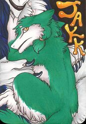  2011 ambiguous_gender anthro claws duo english_text epicwang fur green_body green_fur green_hair hair jakk long_hair looking_back mammal mother_(lore) nude parent_(lore) purple_body purple_fur purple_hair rain_silves sergal smile tail text white_body white_fur yellow_eyes young 