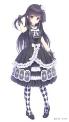  alc_(ex2_lv) bad_id bad_pixiv_id black_footwear black_gloves black_hair blunt_bangs bow checkered_clothes checkered_legwear choker commentary_request cross-laced_clothes dress female flower frills full_body gloves gothic_lolita hair_flip hair_flower hair_ornament hime_cut layered_dress lolita_fashion long_hair looking_at_viewer momoiro_taisen_pairon official_art open_mouth original pantyhose purple_eyes rose shoes simple_background solo standing veil watermark white_background white_flower white_rose 