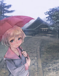  blonde_hair female looking_at_viewer lowres original rain raincoat short_hair smile umbrella upper_body weno weno&#039;s_blonde_original_character 