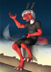  2017 absurd_res angry anthro arms_bent asian_mythology bed bent_legs biped black_bottomwear black_clothing black_outfit black_shirt black_shorts black_topwear bottomwear clothed clothing controller dark_bottomwear dark_shirt dark_topwear dragon dualshock dualshock_4 east_asian_mythology eastern_dragon fully_clothed furniture game_controller gaming hair hi_res holding_controller holding_game_controller holding_object horn legs_over_edge male mythological_creature mythological_scalie mythology night_in_the_woods on_bed over_edge playing_video_game playstation playstation_4 playstation_controller raised_arm raised_hand scalie shirt shorts sitting sitting_on_bed solo sony_corporation sony_interactive_entertainment styx_y._renegade t-shirt tail tail_on_bed tail_on_furniture tail_tuft topwear toshaviktory tuft whiskers wireless_controller 