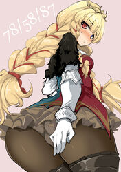  ass black_pantyhose blonde_hair blue_eyes blush braid breasts character_request closed_mouth commentary_request cowboy_shot female from_behind fur gloves hair_ribbon heterochromia long_hair looking_at_viewer looking_back lord_of_vermilion lord_of_vermilion_iii momio panties panties_under_pantyhose pantyhose pink_background red_eyes red_ribbon ribbon ribbon_braid small_breasts solo sweatdrop twin_braids twintails underwear white_gloves 