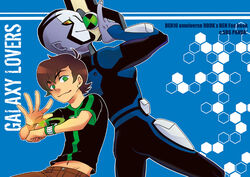  2boys back-to-back bad_id bad_pixiv_id ben_10 ben_10:_omniverse ben_tennyson blue_skin brown_hair colored_sclera colored_skin commentary_request cover cover_page doujin_cover green_eyes male_focus multiple_boys omnitrix panta_(sbs) pointy_ears red_eyes rook_blonko yellow_sclera 