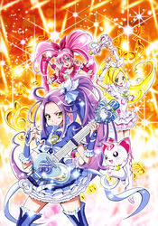  3girls :d absurdres arms_up blonde_hair blue_eyes blue_footwear blue_ribbon boots bow bridal_gauntlets choker cure_beat cure_melody cure_rhythm earrings feline floating_hair g-clef_(suite_precure) green_eyes guitar hair_ribbon hairbow heart heart_earrings high_ponytail high_side_ponytail highres holding holding_instrument houjou_hibiki hummy_(suite_precure) index_finger_raised instrument jewelry kamikita_futago knee_boots kurokawa_eren layered_skirt long_hair looking_at_viewer magical_girl minamino_kanade multiple_girls open_mouth pink_hair pink_skirt pink_wrist_cuffs precure purple_hair red_ribbon ribbon ribbon_choker seiren_(suite_precure) short_sleeves side_ponytail skirt sleeveless smile standing suite_precure thigh_boots thighhighs twintails v very_long_hair white_footwear white_ribbon wrist_cuffs yellow_eyes 