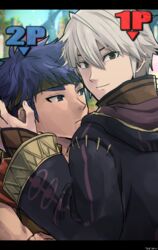  2boys armor blue_eyes blue_hair commentary_request fire_emblem fire_emblem:_path_of_radiance fire_emblem:_radiant_dawn fire_emblem_awakening highres ike_(fire_emblem) kometubu0712 male_focus multiple_boys robin_(fire_emblem) robin_(male)_(fire_emblem) short_hair smile super_smash_bros. white_hair 