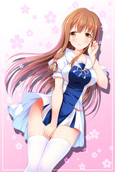  bashen_chenyue blush brown_eyes brown_hair cherry_blossoms collarbone commentary_request dress dutch_angle female floating_hair floral_background fujinomiya_neko hair_ornament highres long_hair looking_at_viewer masamune-kun_no_revenge no_panties parted_lips shiny_skin short_dress solo thighhighs very_long_hair white_thighhighs 