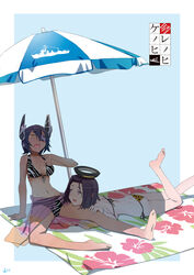  2girls absurdres animal_print arm_support bare_shoulders barefoot beach_umbrella bikini blush breasts cleavage eyepatch halo headgear highres kantai_collection kinuta_kouji leopard_print lying mechanical_halo medium_breasts multiple_girls navel on_stomach open_mouth pink_sarong purple_eyes purple_hair sarong see-through see-through_sarong short_hair side-tie_bikini_bottom sitting smile striped_bikini striped_clothes swimsuit tatsuta_(kancolle) tenryuu_(kancolle) translation_request umbrella yellow_eyes zebra_print 