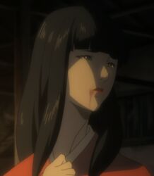  black_hair blood grey_eyes highres japanese_clothes kimono kuromitsu kurozuka long_hair red_lipstick screencap solo vampire 