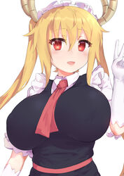  10s blonde_hair blush breasts dragon_girl dragon_horns elbow_gloves eyebrows eyebrows_visible_through_hair female gloves hair_between_eyes horns kobayashi-san_chi_no_maidragon looking_at_viewer maid maid_headdress simple_background solo tooru_(maidragon) upper_body white_background white_gloves ze_(wzfnn001) 