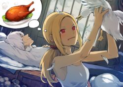  1boy beard bird blonde_hair blush commentary_request dark-skinned_female dark_skin drooling duck facial_hair female food gravity_daze kitten_(gravity_daze) long_hair open_mouth red_eyes short_hair syd_(gravity_daze) tamaki_iori white_hair 