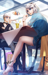  1boy 2b_(nier:automata) 9s_(nier:automata) :d adapted_costume aqua_nails bag black_choker black_footwear black_jacket black_shorts black_socks blue_eyes blue_nails blue_shorts blush bracelet breasts casual chair choker clenched_teeth collarbone commentary_request cup cutoffs day denim denim_shorts drink drinking drinking_glass drinking_straw drone eyelashes female fingernails floating flower food fruit grin hair_between_eyes hair_flower hair_ornament high_heels highres indoors jacket jewelry kneehighs legs lemon lemon_slice lily_(flower) lips looking_at_viewer machinery mole mole_under_mouth nail_polish nier:automata nier_(series) nollxmai nose open_clothes open_jacket open_mouth parted_lips pink_lips pod_(nier:automata) see-through shirt shoelaces shoes shopping_bag shopping_district short_hair short_shorts shorts signature sitting small_breasts smile socks strapless table teeth toenail_polish toenails toes white_hair white_shirt 