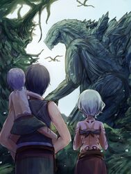  antennae blue_hair dark_skin godzilla godzilla:_monster_planet godzilla:_the_planet_eater godzilla_(series) godzilla_earth green_eyes haruo_sakaki houtua jungle kaijuu kmd lolicon maina monster_girl multicolored_hair nature polygon_pictures servum spoilers tattoo toho_(film_company) tribal tribal_tattoo two-tone_hair white_hair 