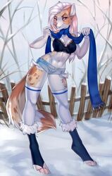  anthro biped bottomwear bra clothed clothing felid female hi_res legwear mammal midriff navel outside scarf shorts smile snow solo standing thigh_highs underwear unistaart 