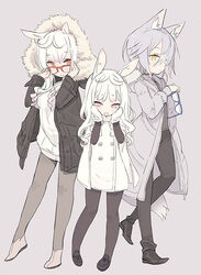  3girls :o alternate_hair_length alternate_hairstyle animal_ears black_footwear black_jacket black_legwear black_pants black_shirt blade_(galaxist) blue-framed_eyewear blush brown_eyes brown_footwear casual closed_mouth coat commentary_request fashion full_body fur-trimmed_hood fur_trim glasses grey_background grey_coat grey_hair grey_legwear hair_between_eyes hair_over_one_eye hands_on_own_cheeks hands_on_own_face holding holding_removed_eyewear hood hood_up hooded_jacket jacket kirara_ookami long_hair long_sleeves looking_at_viewer mittens multiple_girls open_clothes open_coat open_mouth orange_eyes over-rim_eyewear pants pantyhose photoshop_(medium) pop-up_story profile rabbit_ears rabbit_girl red-framed_eyewear rita_drake ruri_ookami semi-rimless_eyewear shirt shoes siblings simple_background sisters smile standing standing_on_one_leg sweater tail unworn_eyewear white_coat white_hair white_mittens white_sweater wolf_ears wolf_girl wolf_tail yellow_eyes 