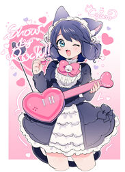  ;3 ;d animal_ears bell blue_eyes blue_hair border bow cat_ears cat_girl cat_tail character_name collar commentary_request copyright_name curly_hair cyan_(show_by_rock!!) dress female frilled_dress frills gradient_background guitar headband heart heart_guitar highres instrument jingle_bell looking_at_viewer miyako_(xxxbibit) one_eye_closed open_mouth outside_border pink_background pink_bow ribbon short_hair show_by_rock!! smile solo strawberry_heart_(show_by_rock!!) tail white_background white_border 