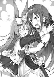  2girls :d animal_ears arm_strap blush bow closed_eyes frilled_skirt frills gloves greyscale hair_between_eyes hairband hairbow highres hug kudou_asuka kurousagi_(mondaiji) last_embryo long_hair long_sleeves miniskirt momoko_(momopoco) mondaiji-tachi_ga_isekai_kara_kuru_sou_desu_yo? monochrome multiple_girls non-web_source novel_illustration official_art open_mouth scabbard sheath sheathed skirt smile standing sweatdrop sword very_long_hair weapon 