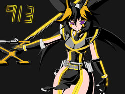  belt black_background black_dress bracer breastplate crest dress emblem facial_mark garter_straps gloves headpiece high_heels kamen_rider kamen_rider_555 kamen_rider_kaixa knee_pads loincloth multicolored_hair neon_trim purple_eyes quad_tails rider-tan ringed_eyes shoulder_pads simple_background smirk sword thighhighs tsukushi two-tone_hair two-toned_hair weapon 