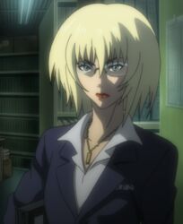  blonde_hair breasts female glasses grey_eyes highres kurozuka rai red_lipstick screencap short_hair solo suit 